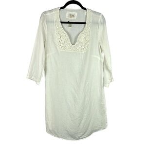 Malvin I Love Linen Boho Crochet V Neck 3/4 Sleeve Tunic Top Dress Size 10 White